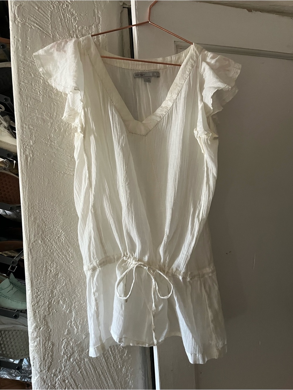 White V-Neck Tie-Waist Flutter Sleeve Top